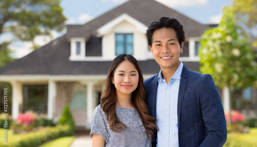 Portrait of smiling young couple standing in front of their new house Portrait of smiling young couple standing in front of their new house