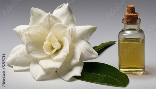A white flower and a bottle of oil