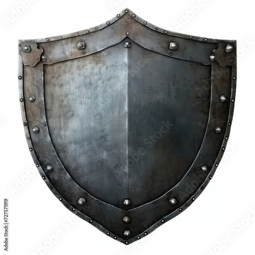 Metal shield with riveted metal rings on white background suitable for medievalthemed graphic design, historical illustrations, and fantasy book covers.