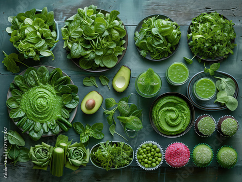 Assortment of Fresh Green Vegetables and Smoothies