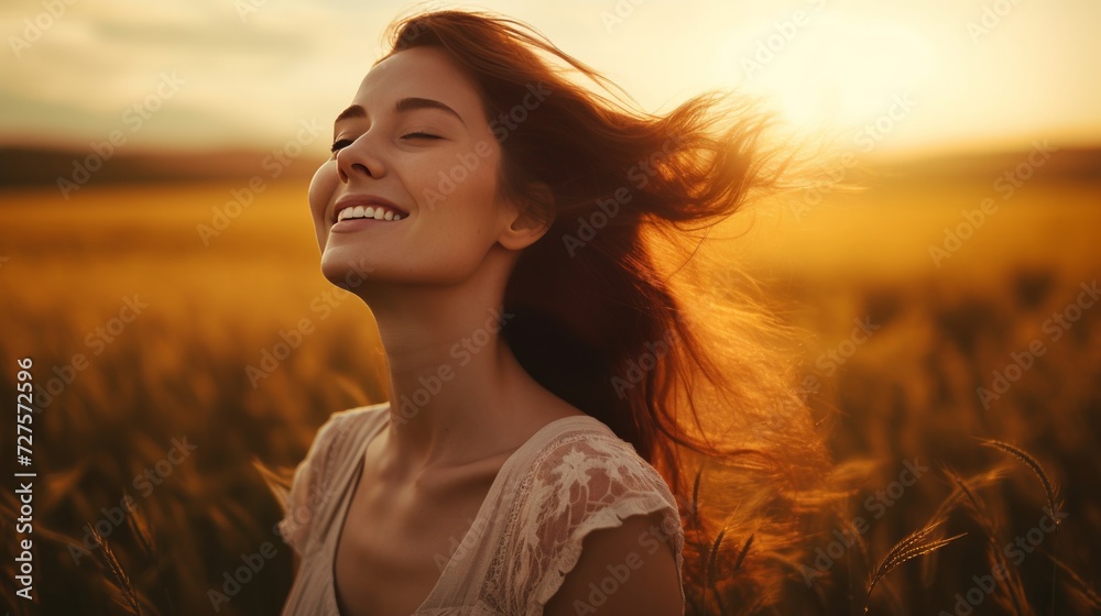 Beautiful carefree woman in fields being happy outdoors. Neural network AI generated art