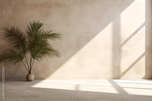 An empty room, an empty wall , a palm tree inside a vase in side , sunlight entering the room , shadow