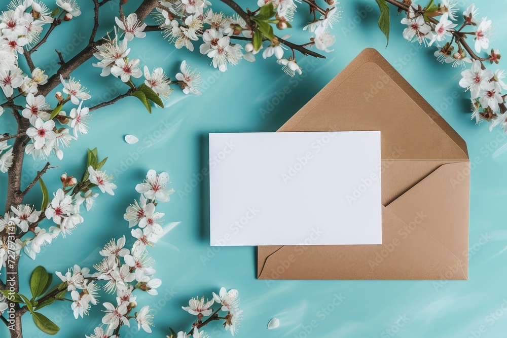 Cherry tree blossom, branches with white spring flowers and envelope over blue background