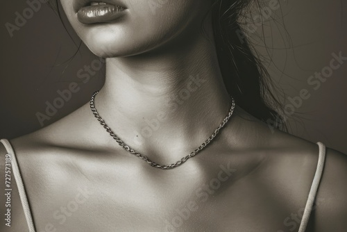 Woman wearing delicate chain necklace. Beauty concept.