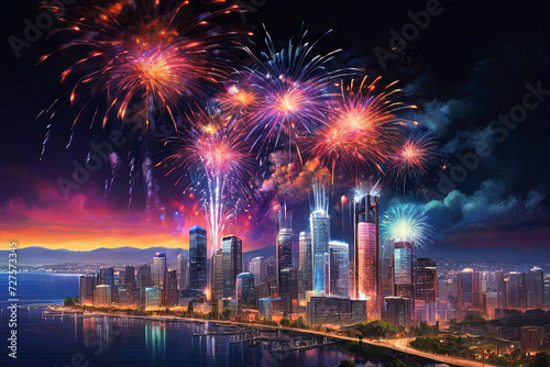 Spectacular fireworks. Vibrant display illuminates cityscape, creating a mesmerizing scene. Perfect for celebration-themed projects.