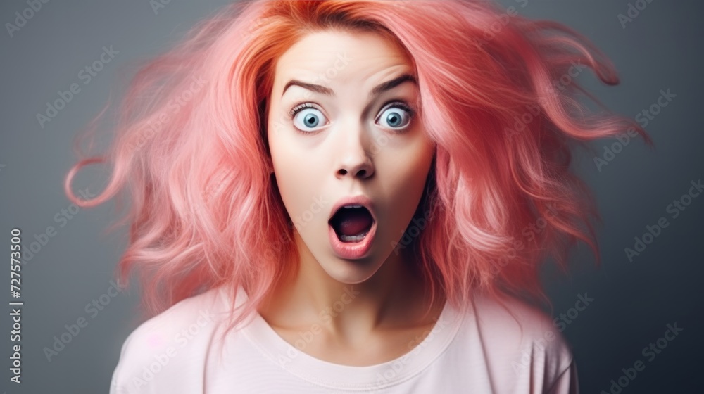 Girl with pink hair with an emotion of surprise on her face. Neural network AI generated art Girl with pink hair with an emotion of surprise on her face. Neural network AI generated art