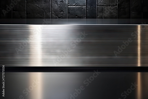 stainless steel metal plate over dark stone wall background © Planetz