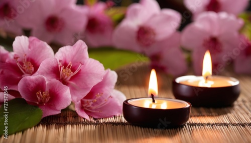 Two candles lit on a table with pink flowers