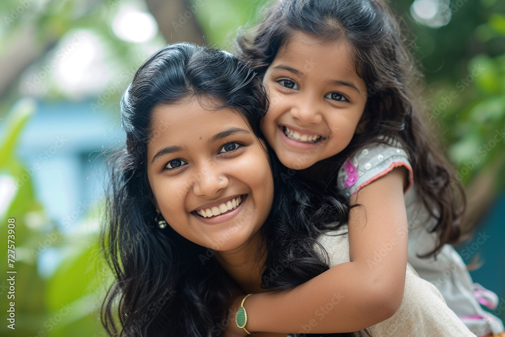 Fototapeta premium indian mother giving piggyback ride to her daughter bokeh style background