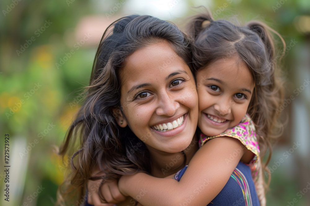 indian mother giving piggyback ride to her daughter bokeh style background indian mother giving piggyback ride to her daughter bokeh style background