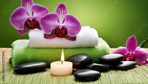A spa setting with a lit candle  towels  and purple orchids