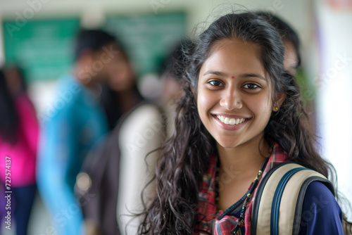 female indian student at the school on the bokeh style background