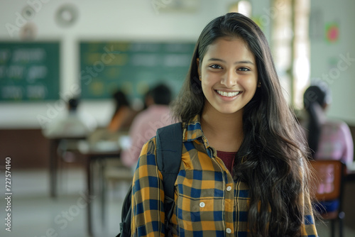 female indian student at the school on the bokeh style background photo