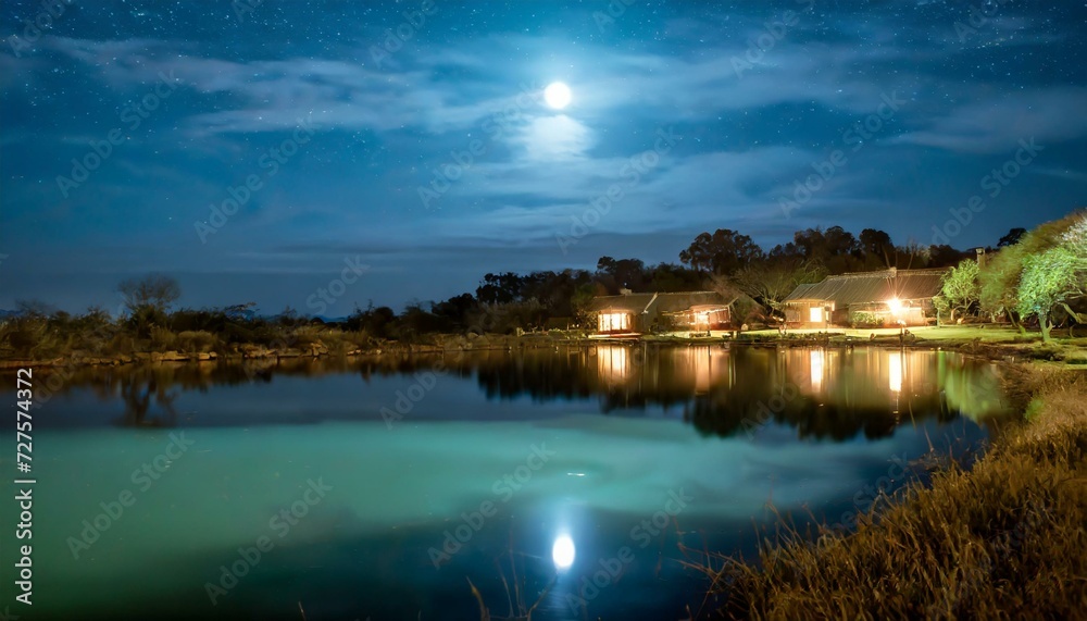 Obraz premium Night view with houses with burning lights and moon.