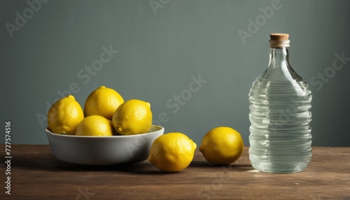 A bowl of lemons and a bottle of water on a table
