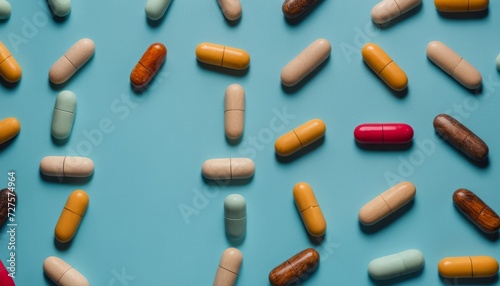 A bunch of pills on a blue background photo
