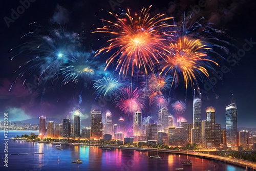 Spectacular fireworks. Vibrant display illuminates cityscape, creating a mesmerizing scene. Perfect for celebration-themed projects. © Amila Vector