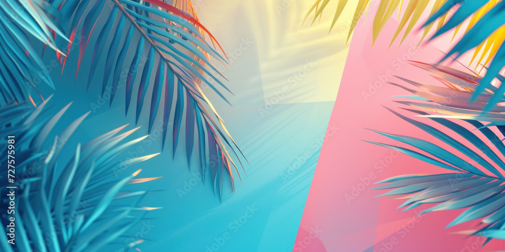 Top view Colorful palm leaves tropical background, Minimal fashion summer concept. Flat lay