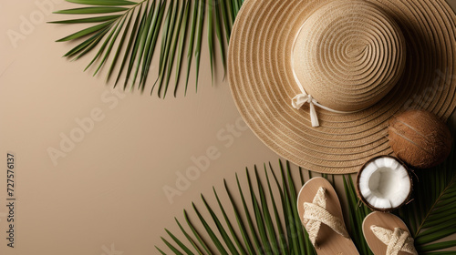 Top view hat straw sandals and coconut on sand texture background, Minimal fashion summer holiday concept. Flat lay photo