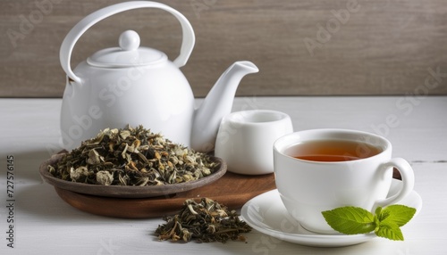 A white teapot and tea set on a table