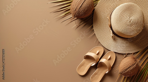Top view hat straw sandals and coconut on sand texture background, Minimal fashion summer holiday concept. Flat lay
