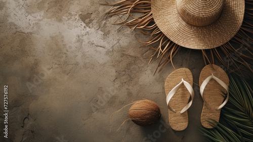 Top view summer background hat straw sandals and coconut, Minimal fashion holiday concept. Flat lay photo