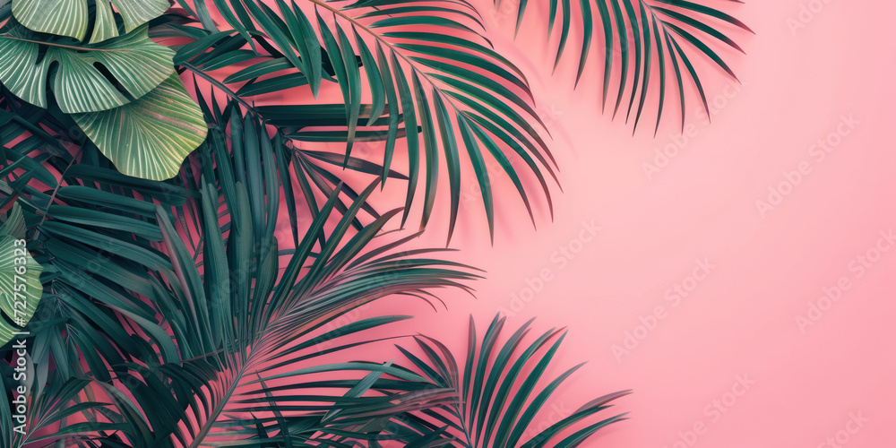 Top view palm leaves tropical on pink background, Minimal fashion summer holiday concept. Flat lay