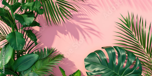 Top view tropical leaves on pink background  Minimal fashion summer holiday concept. Flat lay