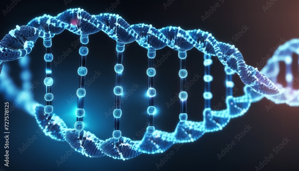 A blue DNA strand with glowing blue circles A blue DNA strand with glowing blue circles
