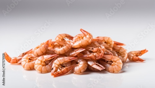 A pile of cooked shrimp on a white background