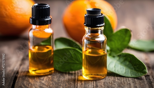 Two bottles of orange oil on a wooden table