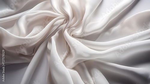 milk white color satin fabric silk for background. white fabric textile drape with crease wavy folds, wind movement, background, texture.