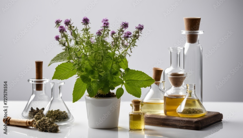 A white vase with a plant and a bottle of oil A white vase with a plant and a bottle of oil