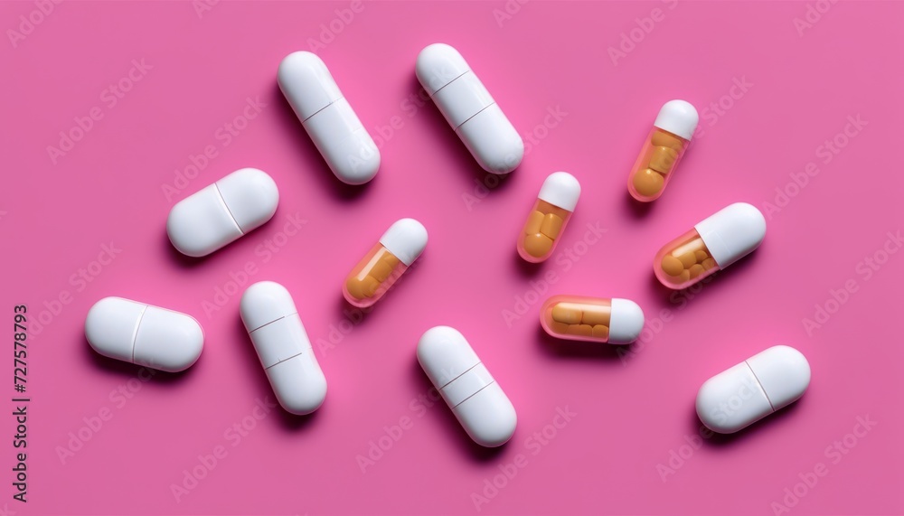 A pink background with a bunch of pills A pink background with a bunch of pills