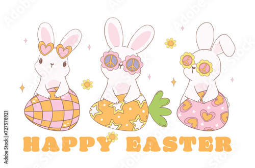 Groovy Easter, group of retro bunny with disco retro eggs. 