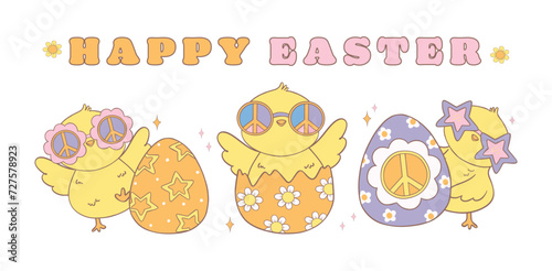 Groovy Easter Chicks with Retro Easter eggs banner. Playful cartoon doodle animal character hand drawing.