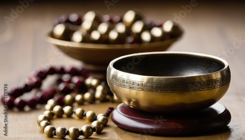 A wooden table with two bowls and beads