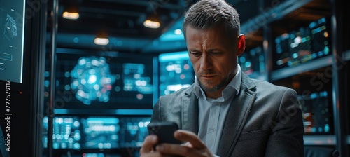 A businessman engaged in buying and selling stocks on a mobile phone, set futuristic office interior background, modern financial transactions.