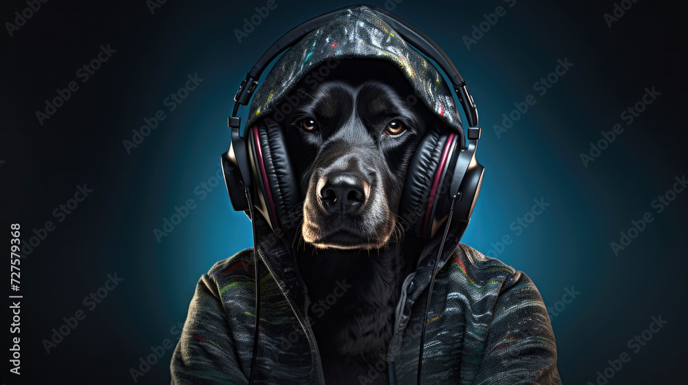 Groovy Pup: Dog with a Funky Hoodie and Retro Headphones