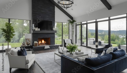 beautiful elegant white and black decor in living room with fireplace © JL Designs
