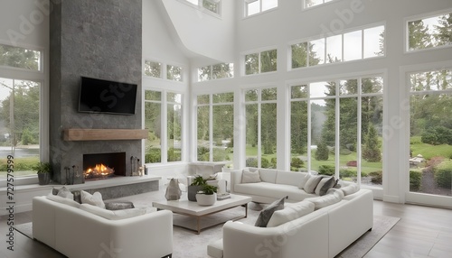 beautiful elegant white and black decor in living room with fireplace