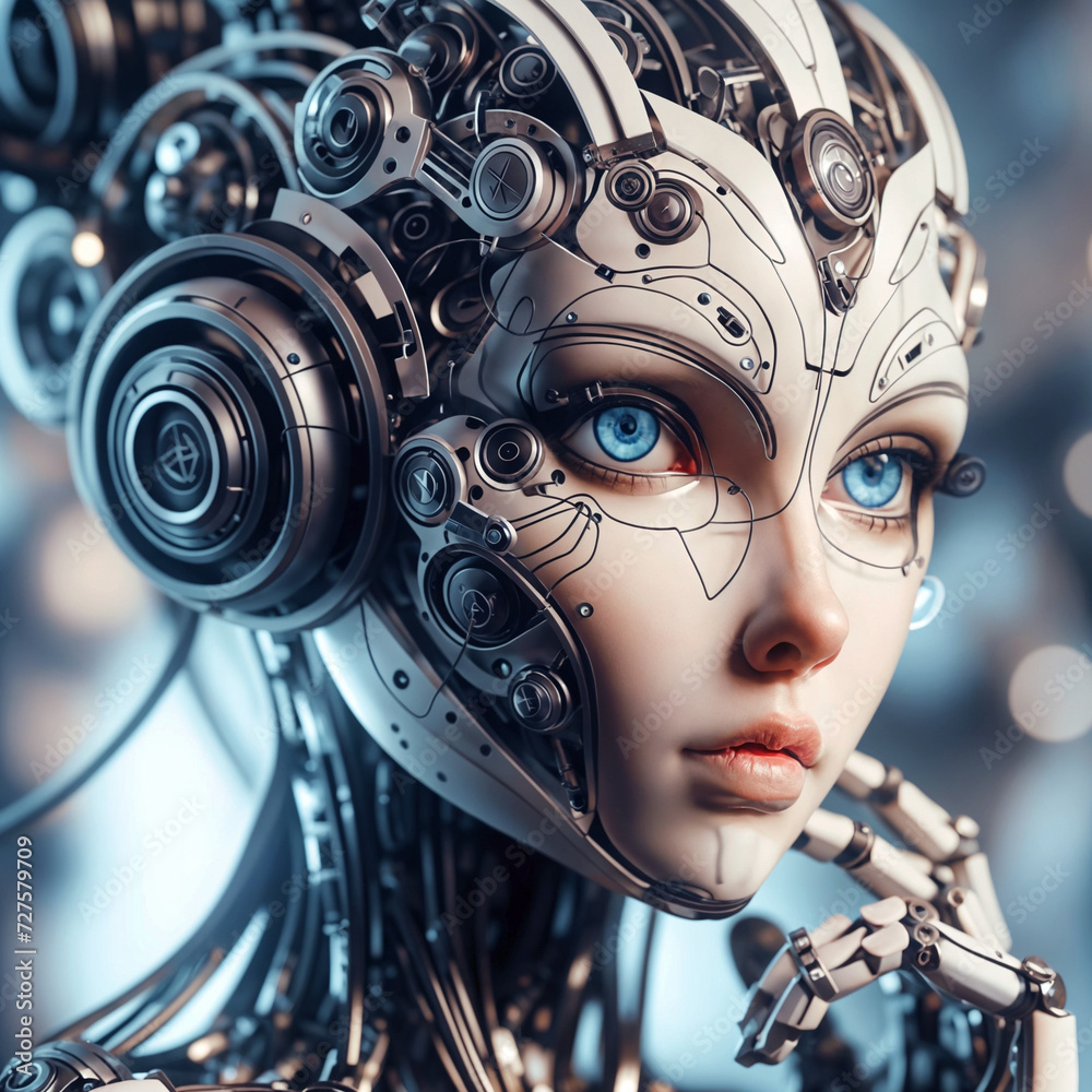 A Beautiful cyborg woman with a metal helmet and headphones, blue eyes and red lips. She looks to the side, her expression calm. A Beautiful cyborg woman with a metal helmet and headphones, blue eyes and red lips. She looks to the side, her expression calm.
