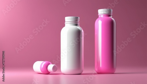 Two bottles of pink liquid on a pink background