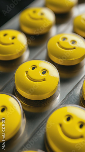 yellow smiley face pill tab packaging background. concept