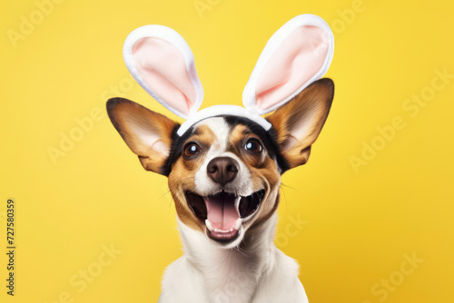 Funny jack russell dog with easter bunny ears on yellow background.