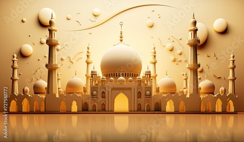 3d islamic illustration with mosque and lanterns, in the style of gold and brown, paper cut-outs