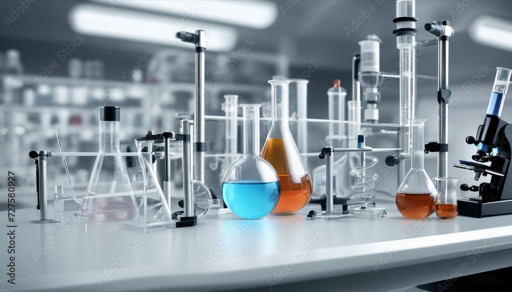 A white lab table with various beakers and tubes A white lab table with various beakers and tubes