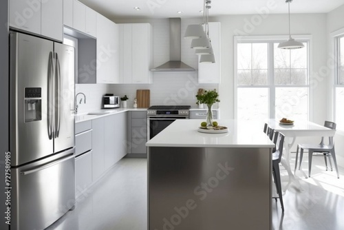 A minimalist kitchen with stainless steel appliances  featuring a sleek island and spotless countertops. The play of light adds a touch of warmth to the cool tones