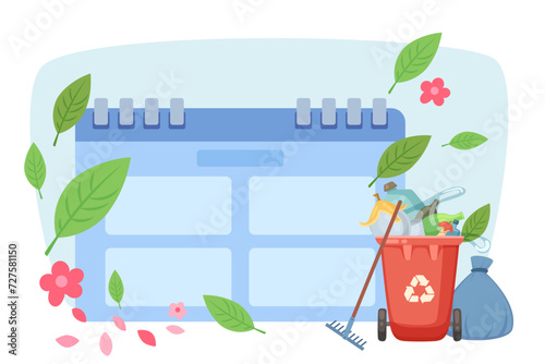 Calendar with cleaning schedule and spring flowers and leaves vector illustration. Recycling bin, rake, bag with trash. Spring cleaning checklist concept