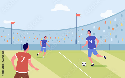 Football players with ball at stadium vector illustration. Sportsmen playing soccer in front of big audience. Football, team, championship, sport events concept